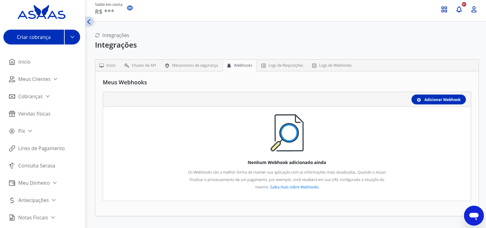 Tela de Webhooks do Asaas, dentro de Integrações