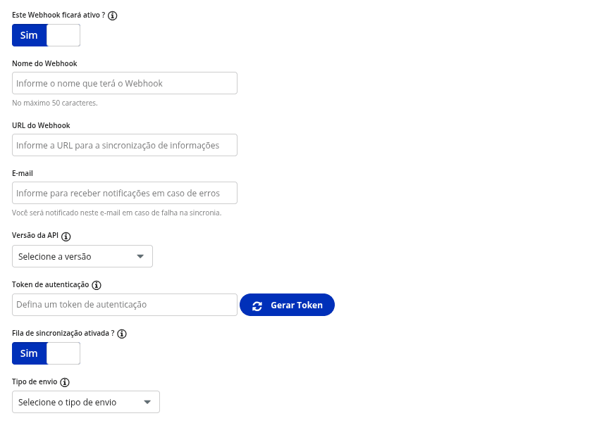 Formulário de webhook do Asaas com os campos Este Webhook ficará ativo, Nome, URL, E-mail, Versão da API, Token de autenticação, Fila de sincronização e Tipo de envio