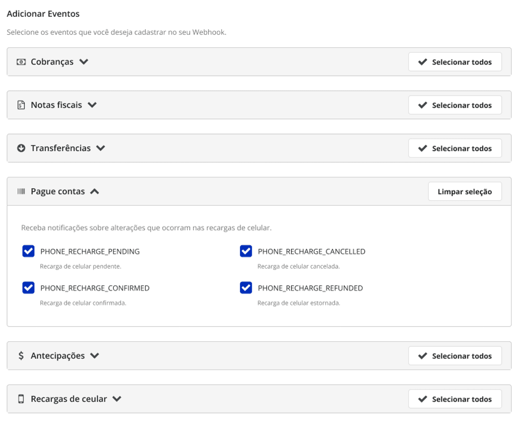 Lista de grupos de eventos do webhook no Asaas, como Cobranças, Notas fiscais e Transferências, cada um com o botão Selecionar todos