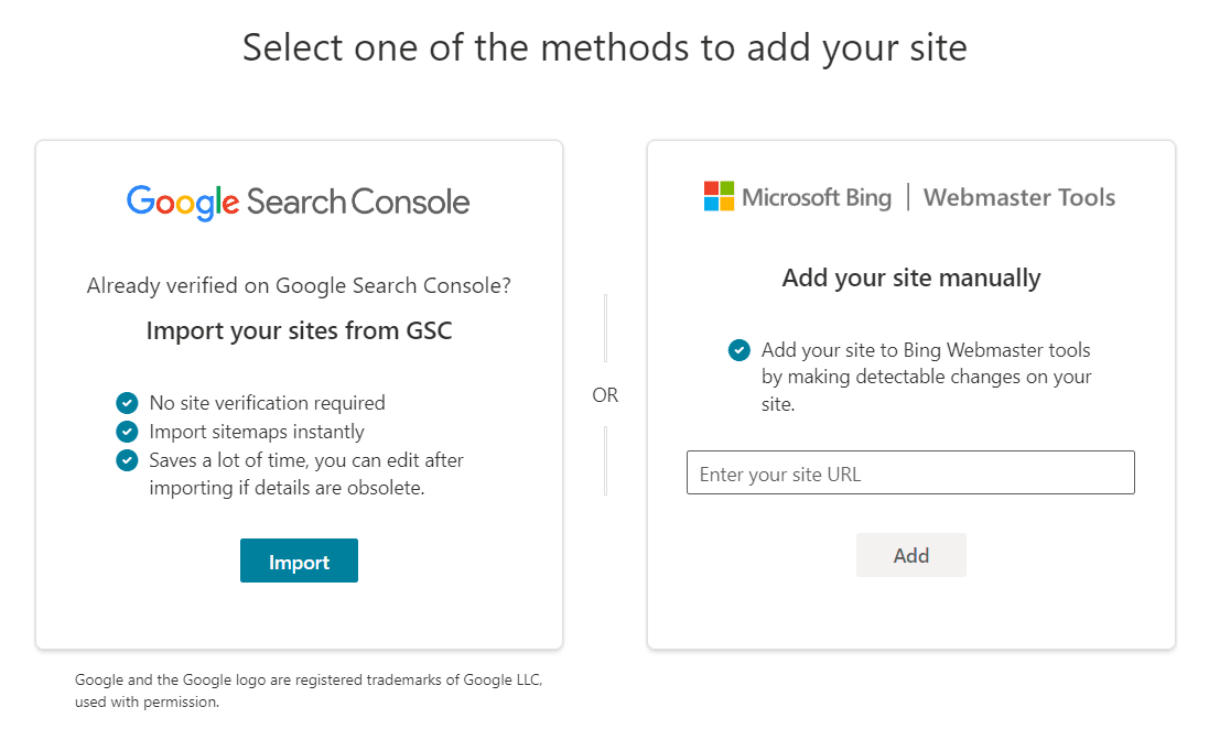 Tela Select one of the methods to add your site, com Import your sites from GSC à esquerda e Add your site manually à direita