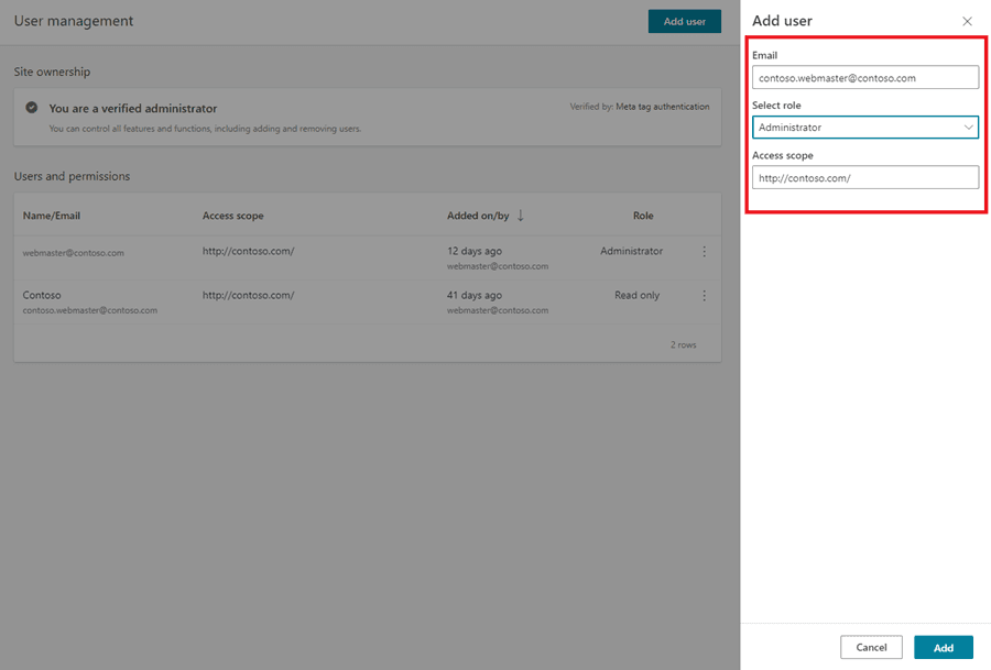 Tela User management do Bing com o painel Add user aberto, com os campos Email, Select role e Access scope