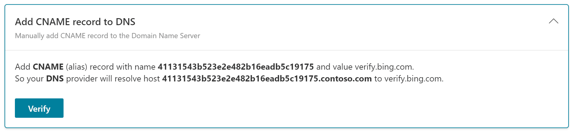 Opção Add CNAME record to DNS do Bing, com o nome do registro, o valor verify.bing.com e o botão Verify