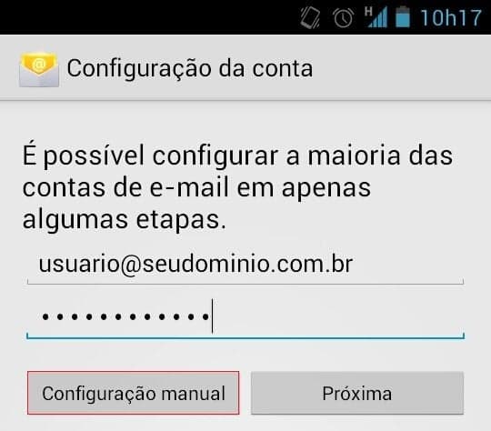 Tela do app de e-mail do Android com os campos de e-mail e senha e o botão de configuração manual