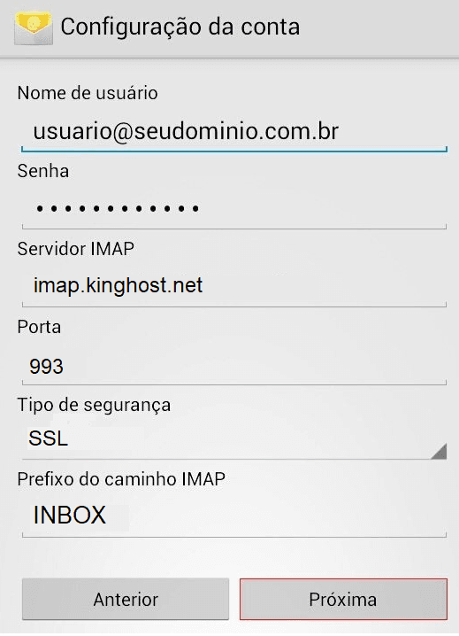 Tela de configuração da conta no Android com usuário, senha, servidor IMAP, porta 993, segurança SSL e prefixo INBOX