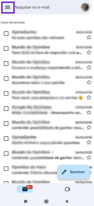 Caixa de entrada do app Gmail com o botão de menu destacado no canto superior esquerdo