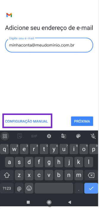 Tela Adicione seu endereço de e-mail do app Gmail, com o botão Configuração manual destacado