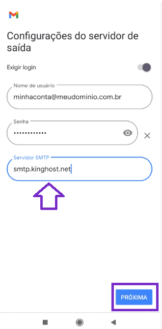 Tela Configurações do servidor de saída do app Gmail, com usuário, senha e servidor SMTP preenchidos