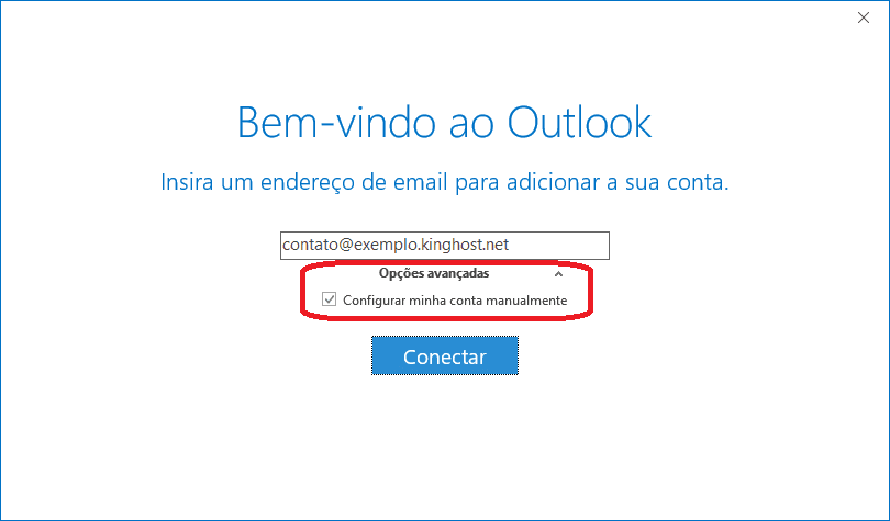Tela inicial do assistente de conta do Outlook, com o campo de e-mail e o link Opções avançadas