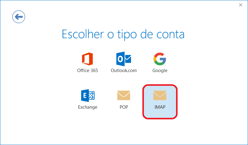 Tela Escolher o tipo de conta do Outlook, com a opção IMAP destacada