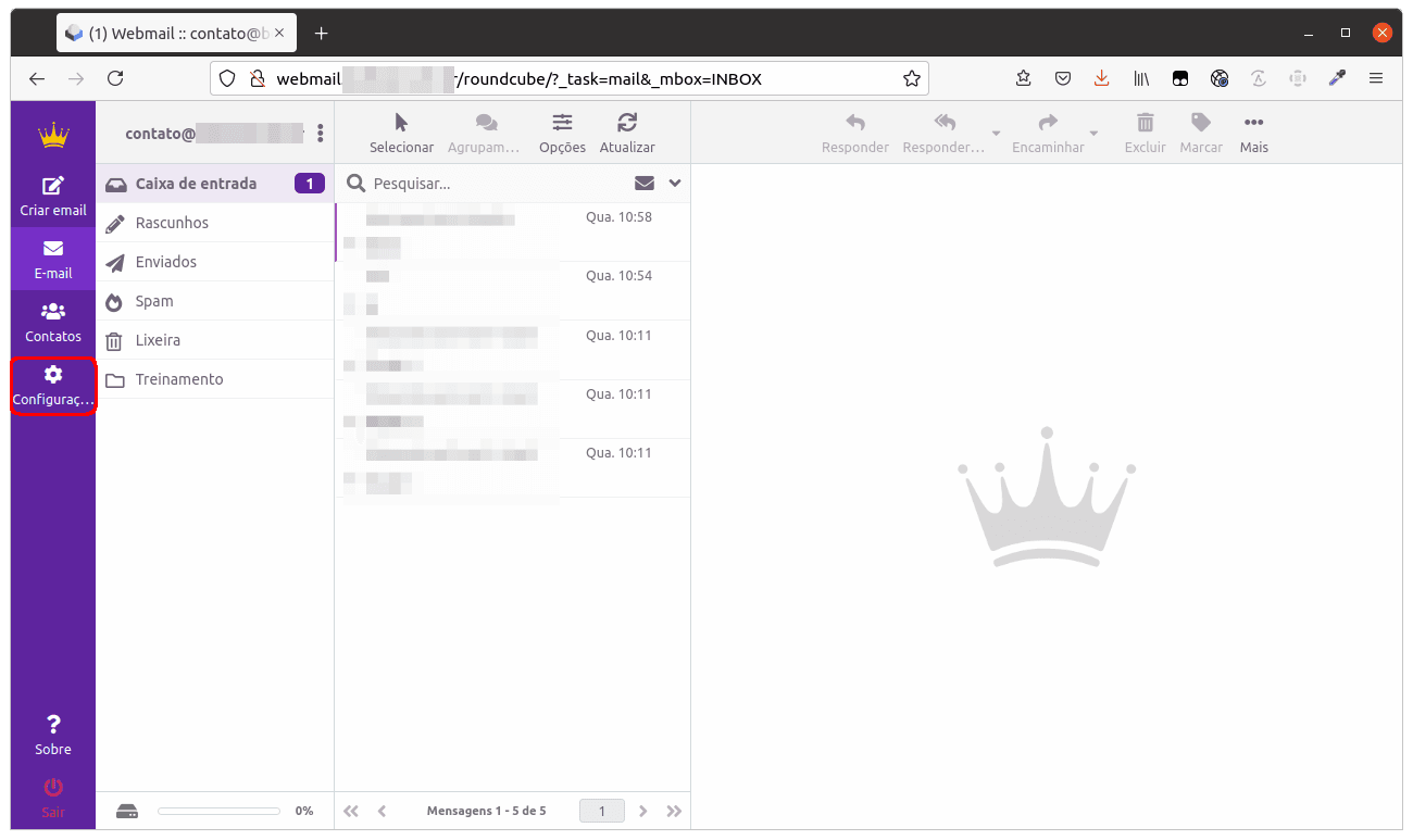 Webmail com o menu lateral esquerdo e a opção Configurações destacada