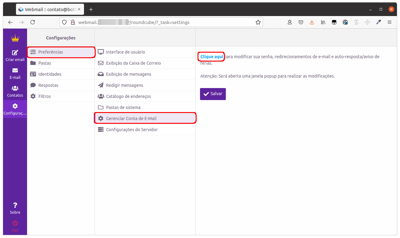 Webmail em Preferências, Gerenciar Conta de E-Mail, com o link Clique aqui destacado