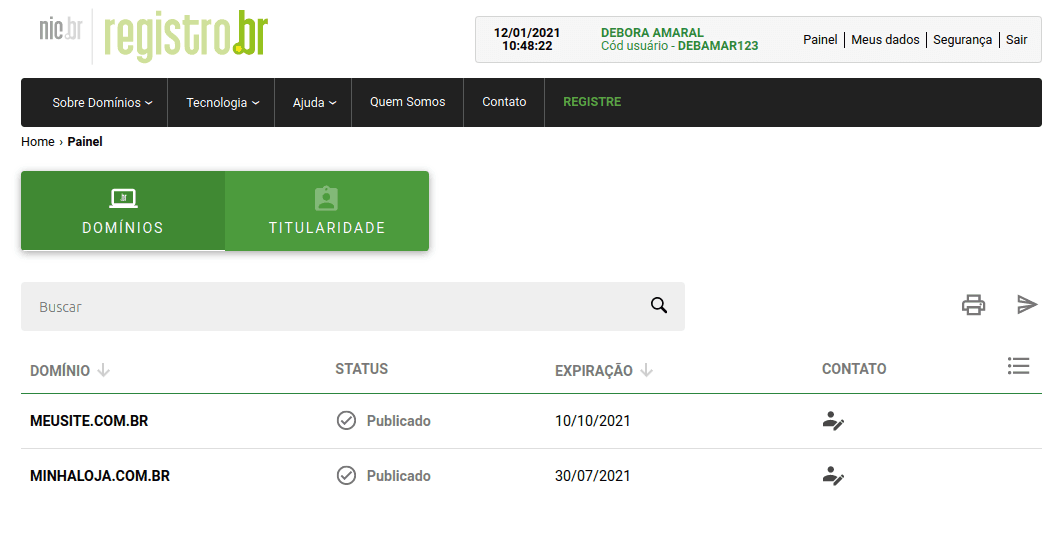 Painel do Registro.br com a aba Domínios aberta e a lista de domínios da conta