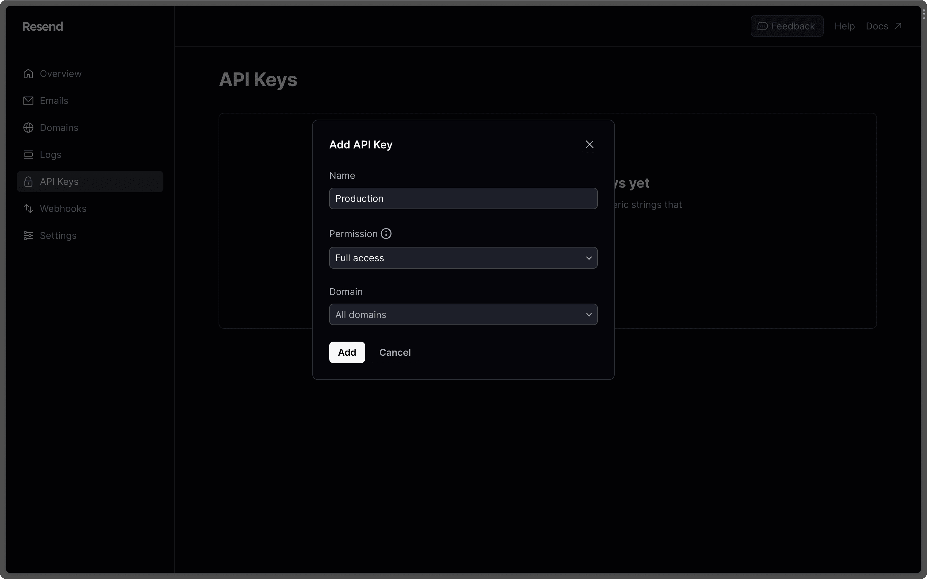 Janela Add API Key do Resend com os campos Name, Permission e Domain e o botão Add