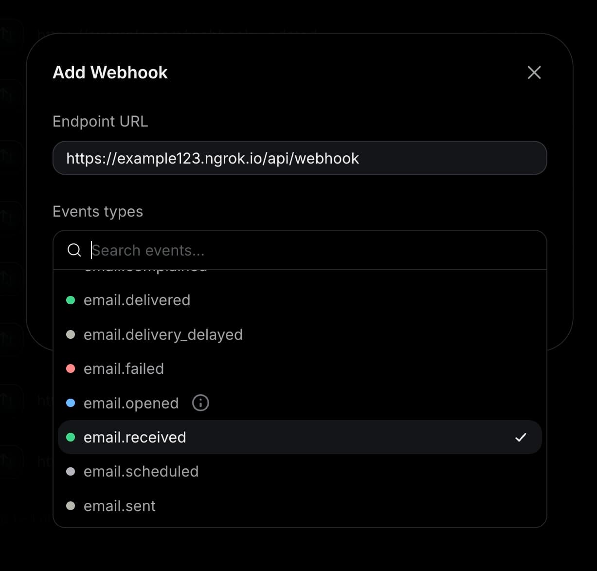 Janela Add Webhook do Resend com o campo Endpoint URL e a lista Events types