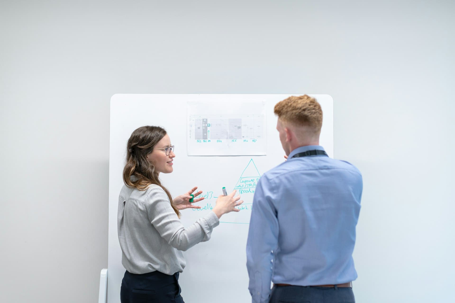Duas pessoas discutindo um diagrama num quadro branco