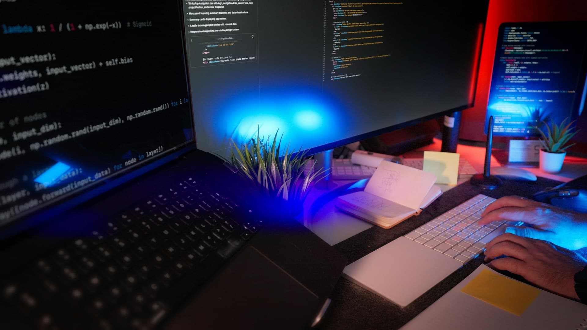 Mãos digitando num teclado diante de monitores com código, numa mesa de desenvolvimento